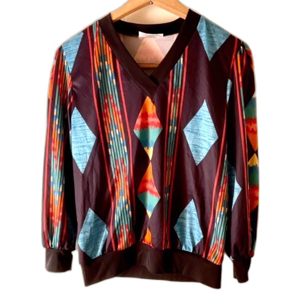Vintage 80s Geometric Colorful Print Top‎ V-Neck Pullover Long Sleeve y2k Retro